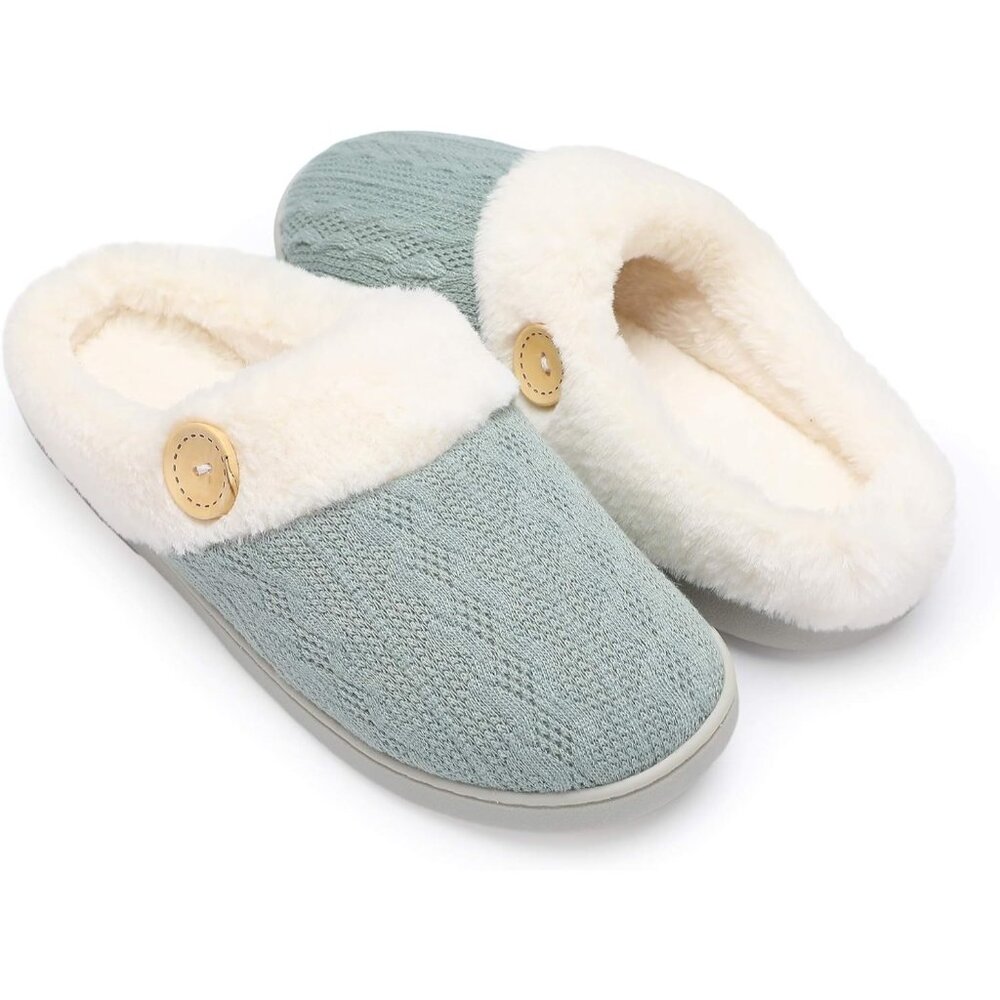 〽️Women's Green Anti-Skid Faux Fur Lined Comfort Closed Toe Slip-On Slippers